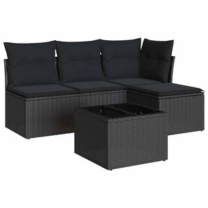 vidaXL 5 r&eacute;szes fekete polyrattan kerti kanap&eacute;szett p&aacute;rn&aacute;kkal