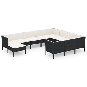 vidaXL 11 r&eacute;szes fekete polyrattan kerti &uuml;lőgarnit&uacute;ra p&aacute;rn&aacute;kkal
