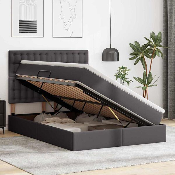 vidaXL Ágy tárolóval és LED lámpával Szürke 140 x 200 cm Műbőr