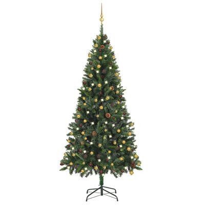 vidaXL zöld megvilágított műkarácsonyfa gömb szettel 210 cm