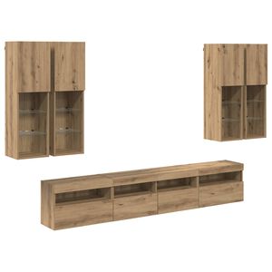 vidaXL TV Fali Szekr&eacute;ny Szett LED F&eacute;nyekkel 7 pcs k&eacute;zműves t&ouml;lgy