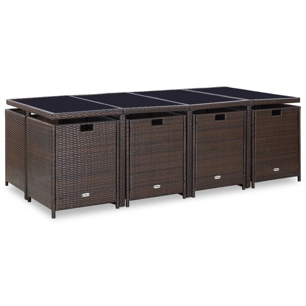 vidaXL 13-részes barna kültéri polyrattan étkezőszett párnákkal