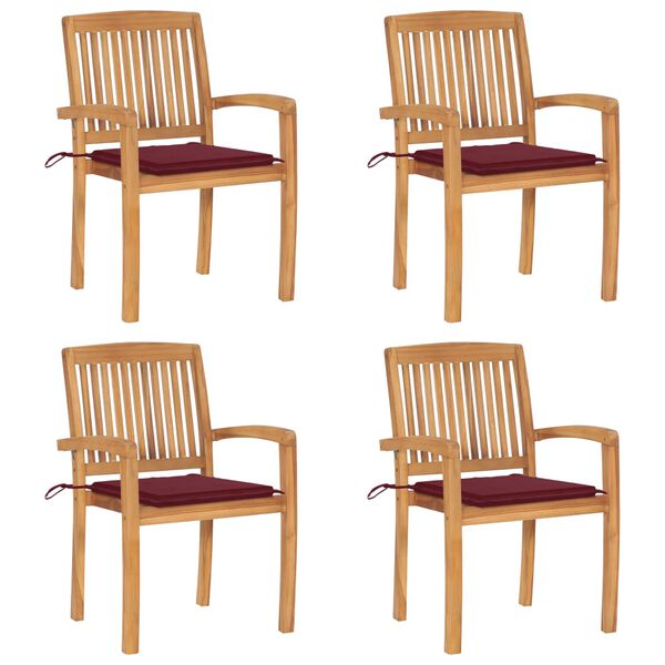 vidaXL 4 db rakásolható tömör tíkfa kerti szék párnákkal