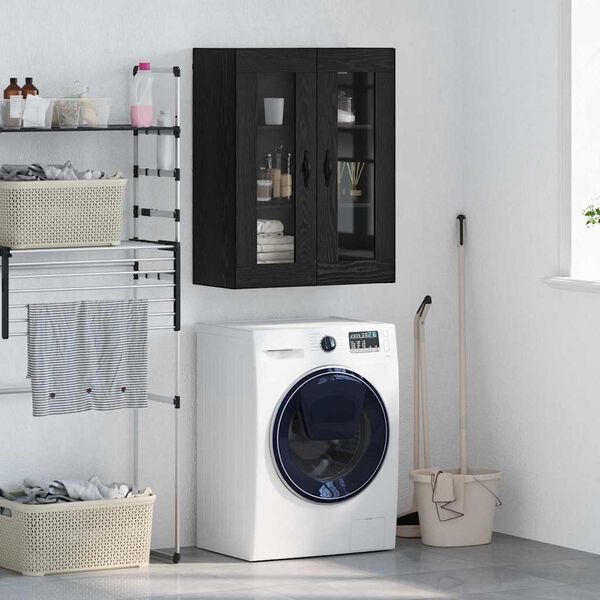 vidaXL Fali szekr&eacute;ny Fekete t&ouml;lgy 69,5 x 34 x 90 cm Műanyag Fa &eacute;s &Uuml;veg