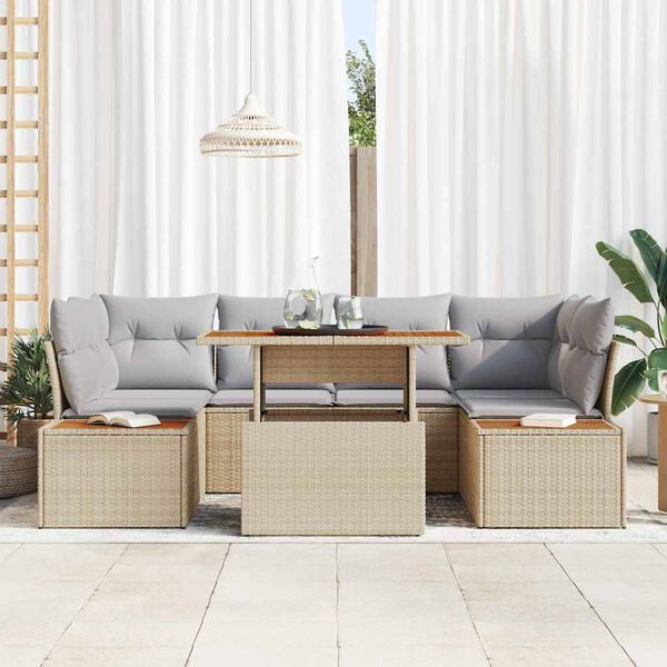 vidaXL Kerti Kanap&eacute; Szett t&aacute;rol&oacute;val 7 pcs B&eacute;zs Poli rattan