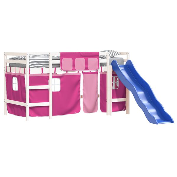 vidaXL rózsaszín tömör fenyőfa gyerek galériaágy függönnyel 90x190 cm