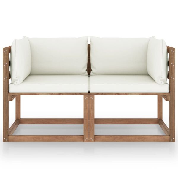 vidaXL k&eacute;tszem&eacute;lyes fenyőfa kerti raklapkanap&eacute; kr&eacute;mfeh&eacute;r p&aacute;rn&aacute;kkal