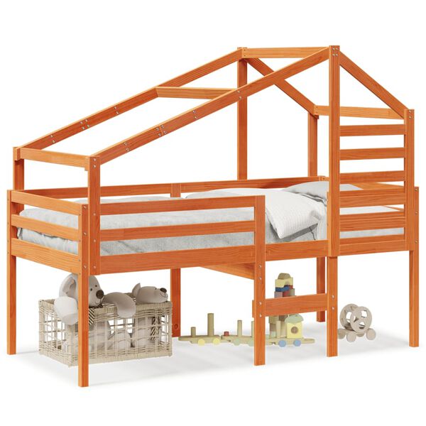 vidaXL viaszbarna tömör fenyőfa magasított ágy tetővel 90 x 190 cm