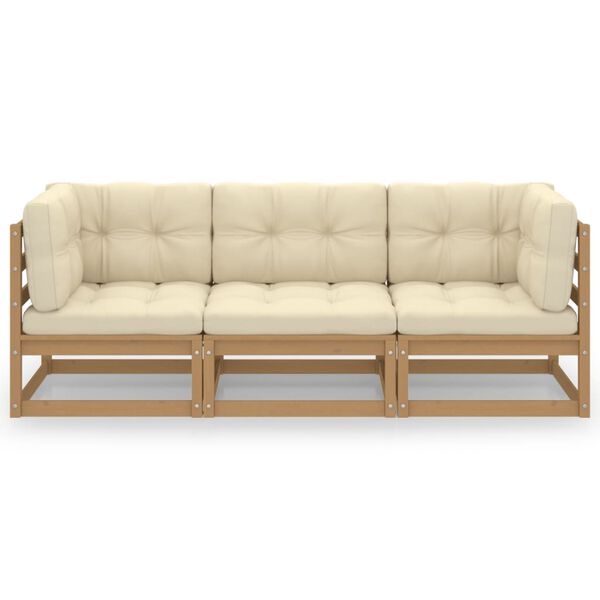 vidaXL h&aacute;romszem&eacute;lyes t&ouml;m&ouml;r fenyőfa kerti kanap&eacute; p&aacute;rn&aacute;kkal