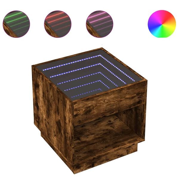 vidaXL füstös tölgy végtelen hatású LED-es dohányzóasztal 50x50x50 cm