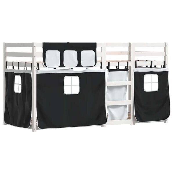 vidaXL fehér/fekete tömör fenyőfa emeletes ágy függönyökkel 75x190 cm