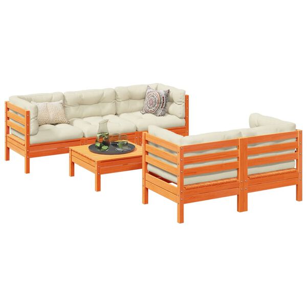 vidaXL 6 r&eacute;szes viaszbarna t&ouml;m&ouml;r fenyőfa kerti &uuml;lőgarnit&uacute;ra p&aacute;rn&aacute;kkal