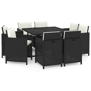 vidaXL 9 r&eacute;szes fekete polyrattan kerti &eacute;tkezőgarnit&uacute;ra p&aacute;rn&aacute;kkal