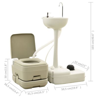 vidaXL szürke hordozható kemping-WC 10+10 L és kézmosóállvány 20 L