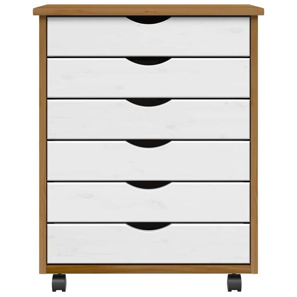 vidaXL MOSS m&eacute;zbarna t&ouml;m&ouml;r fenyőfa g&ouml;rgős szekr&eacute;ny fi&oacute;kokkal