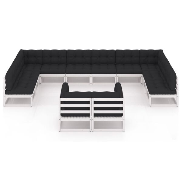 vidaXL 12 r&eacute;szes feh&eacute;r t&ouml;m&ouml;r fenyőfa kerti &uuml;lőgarnit&uacute;ra p&aacute;rn&aacute;kkal