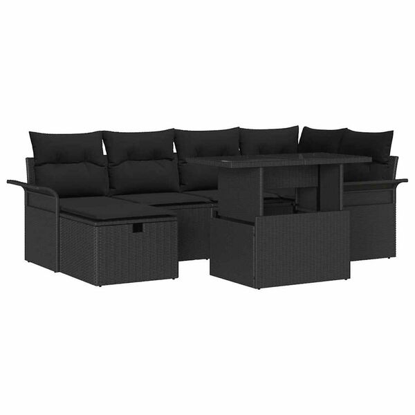 vidaXL Kerti Kanapé Szett párnával tárolóval 7 pcs Fekete Poli rattan