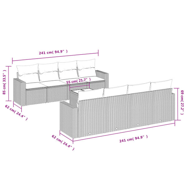 vidaXL 9 r&eacute;szes vil&aacute;gossz&uuml;rke polyrattan kerti &uuml;lőgarnit&uacute;ra p&aacute;rn&aacute;val