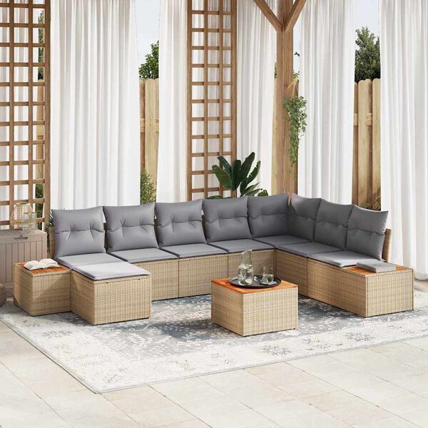 vidaXL Kerti Kanap&eacute; Szett 9 pcs Beige &eacute;s Vil&aacute;gossz&uuml;rke Polyrattan