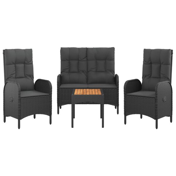 vidaXL 4 részes fekete polyrattan kerti étkezőszett párnákkal