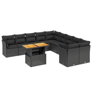 vidaXL 11 r&eacute;szes fekete polyrattan kerti &uuml;lőgarnit&uacute;ra p&aacute;rn&aacute;kkal