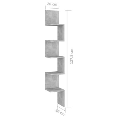vidaXL betonszürke forgácslap fali sarokpolc 20 x 20 x 127,5 cm