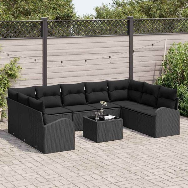 vidaXL Kanap&eacute; Szett p&aacute;rn&aacute;val 10 pcs Fekete Poly Rattan