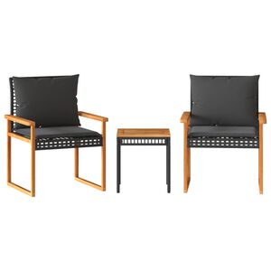 vidaXL 3 r&eacute;szes fekete polyrattan &eacute;s ak&aacute;cfa bisztr&oacute;szett p&aacute;rn&aacute;kkal