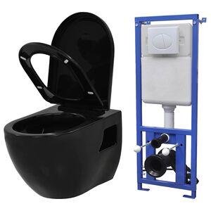 vidaXL falra szerelhető fekete ker&aacute;mia WC rejtett &ouml;bl&iacute;tőtart&aacute;llyal