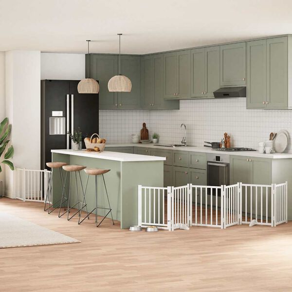 vidaXL feh&eacute;r ny&aacute;rfa 9 paneles &ouml;sszecsukhat&oacute; kutyakapu ajt&oacute;val 450 cm