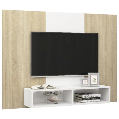 vidaXL fehér és tölgyszínű fali forgácslap TV-szekrény 135x23,5x90 cm