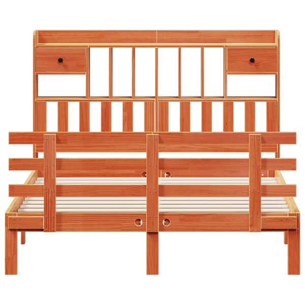 vidaXL barna tömör fenyőfa könyvespolcos ágy matrac nélkül 140 x 190cm