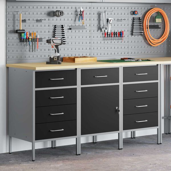 vidaXL Munkaszekr&eacute;ny fi&oacute;kkal 3 pcs Fekete &eacute;s Sz&uuml;rke 150 x 55 x 85 cm