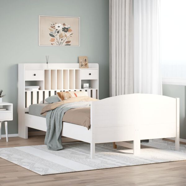 vidaXL feh&eacute;r t&ouml;m&ouml;r fenyőfa k&ouml;nyvespolcos &aacute;gy matrac n&eacute;lk&uuml;l 135x190 cm