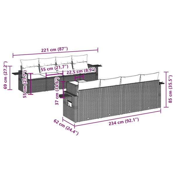 vidaXL 9 r&eacute;szes fekete polyrattan kerti &uuml;lőgarnit&uacute;ra p&aacute;rn&aacute;kkal