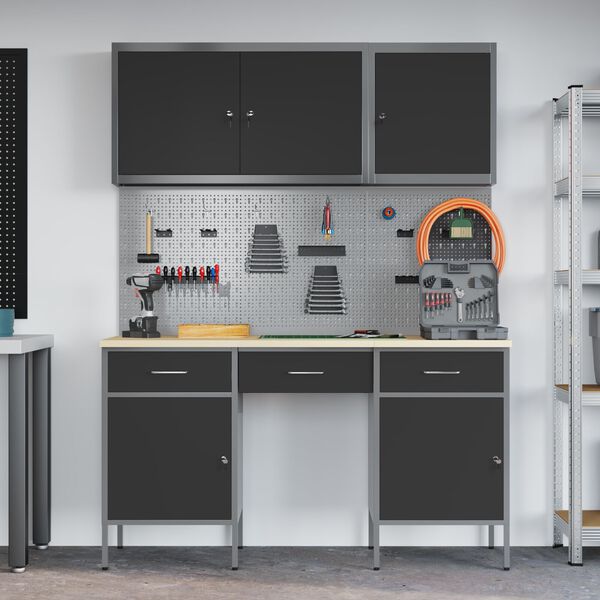 vidaXL Munkapad fi&oacute;kkal t&aacute;rol&oacute;val 8 pcs Fekete 150 x 55 x 200 cm Ac&eacute;l