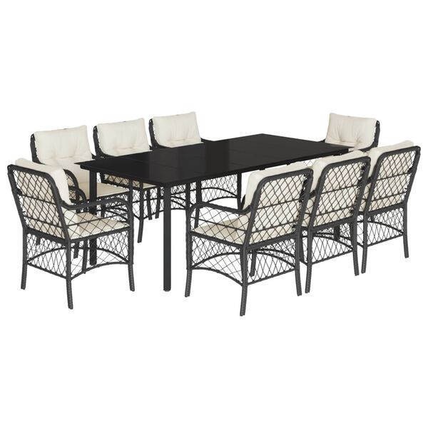 vidaXL 9 r&eacute;szes fekete polyrattan kerti &eacute;tkezőgarnit&uacute;ra p&aacute;rn&aacute;kkal