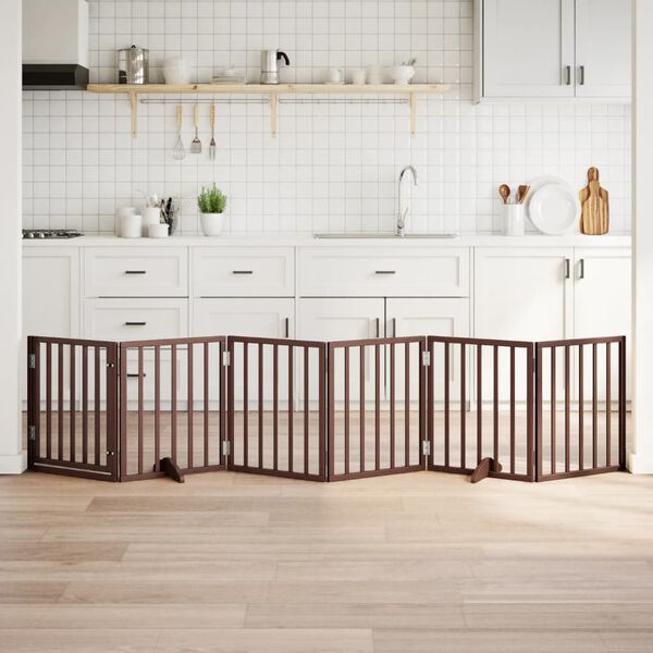 vidaXL barna ny&aacute;rfa 6 paneles &ouml;sszecsukhat&oacute; kutyakapu ajt&oacute;val 300 cm