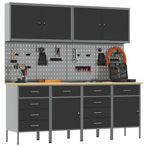 vidaXL Munkaszekr&eacute;ny fi&oacute;kkal z&aacute;rral 10 pcs Fekete Műszaki fa &eacute;s ac&eacute;l