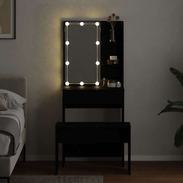 vidaXL LED Sminkasztal Szett fiókkal 2 pcs Fekete tölgy Faanyag