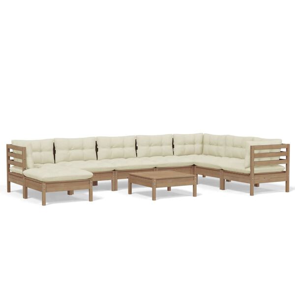 vidaXL 9 r&eacute;szes m&eacute;zbarna t&ouml;m&ouml;r fenyőfa kerti &uuml;lőgarnit&uacute;ra p&aacute;rn&aacute;kkal