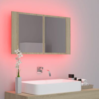 vidaXL tölgyszínű akril LED-es tükrös fürdőszobaszekrény 80x12x45 cm