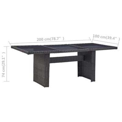 vidaXL fekete üveg és polyrattan kerti étkezőasztal 200 x 100 x 74 cm