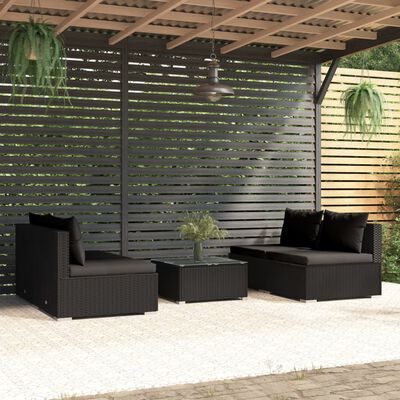 vidaXL 5 részes fekete polyrattan kerti ülőgarnitúra párnákkal