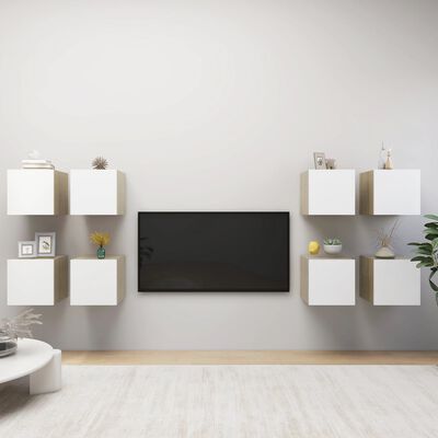 vidaXL 8 db fehér-tölgyszínű falra szerelhető TV-szekrény 30,5x30x30cm