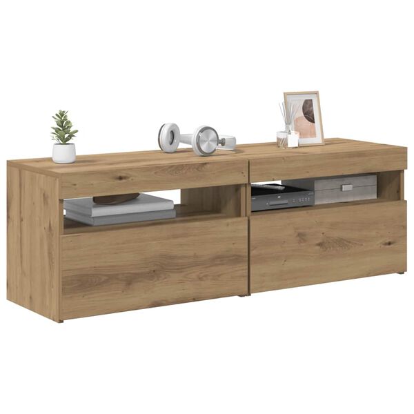 vidaXL 2 db kézműves tölgy színű szerelt fa TV-szekrény LED-lámpákkal