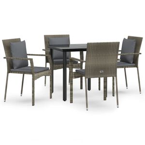 vidaXL 5 r&eacute;szes fekete &eacute;s sz&uuml;rke polyrattan kerti &eacute;tkezőszett p&aacute;rn&aacute;val