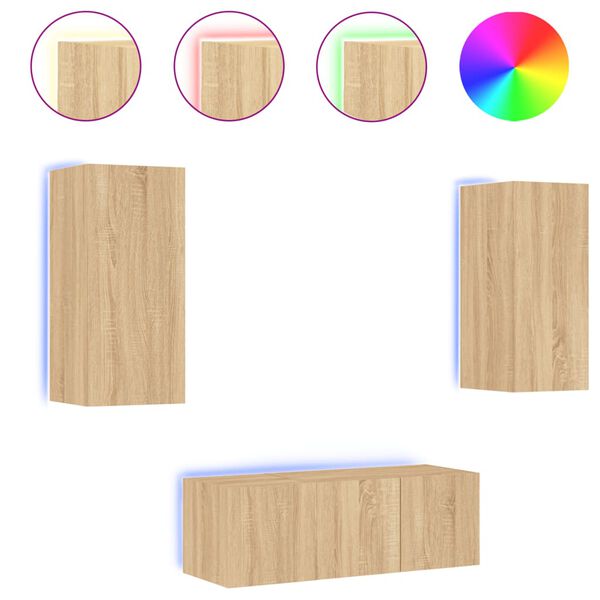 vidaXL 4 darab füstös tölgy színű szerelt fa TV-bútor LED-del