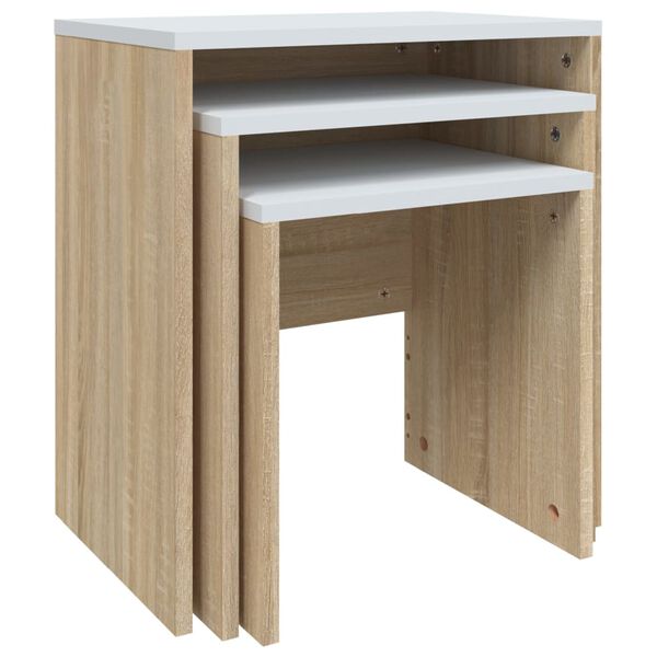 vidaXL 3 db feh&eacute;r/sonoma sz&iacute;nű szerelt fa rak&aacute;solhat&oacute; doh&aacute;nyz&oacute;asztal