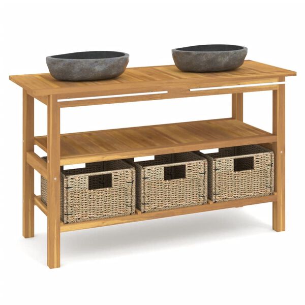 vidaXL tömör tíkfa fürdőszobaszekrény folyami kő mosdókkal